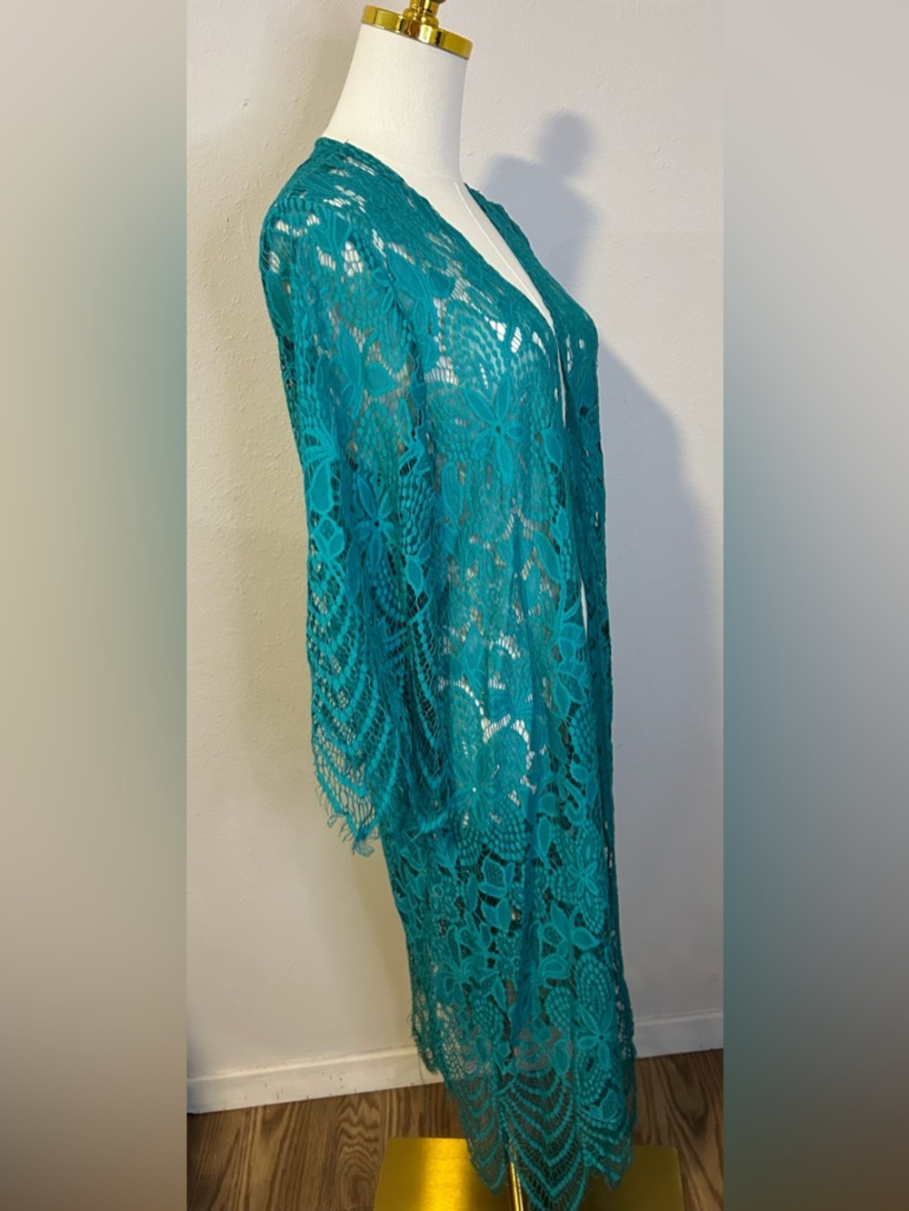 love, Fire Teal Crochet Lace Longline Open Duster - Picture 6 of 7